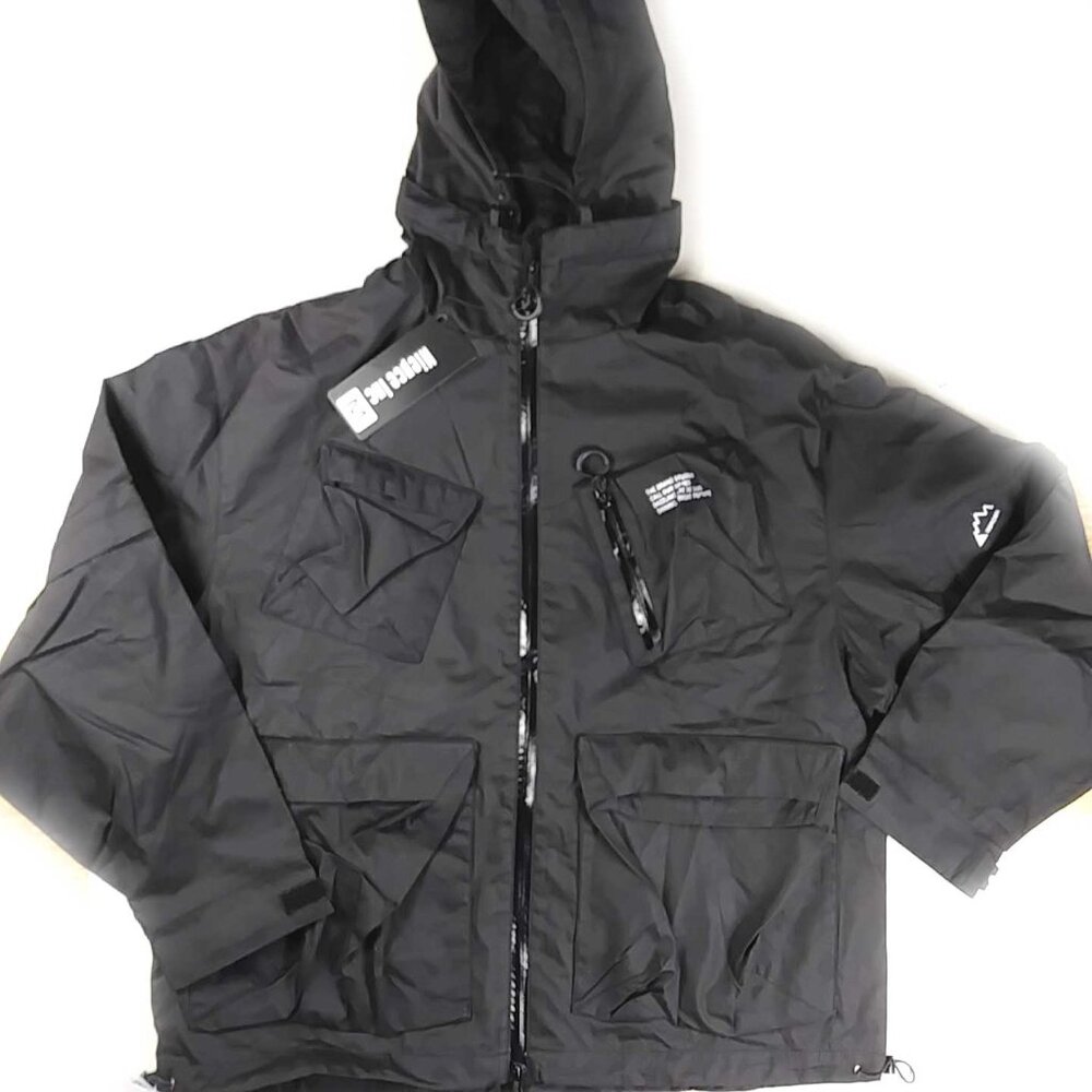 NWT I & Brown/Niepce Hooded Black Zip Up Streetwear Cargo Jacket Size Medium